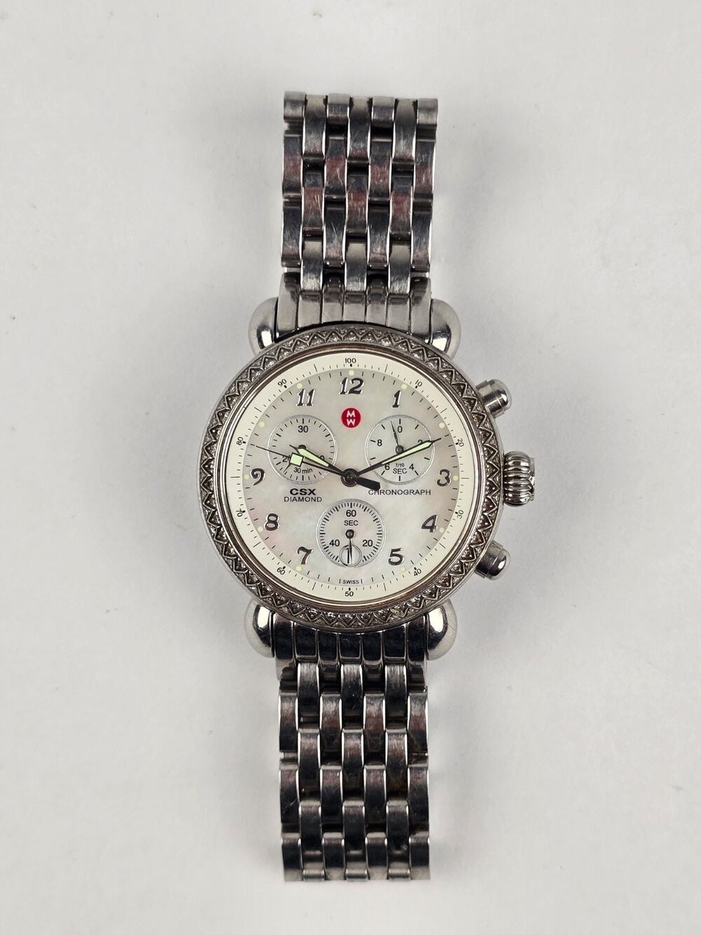 Michele Diamond Bezel Chronograph Watch Women's Stainless Steel Quartz Working